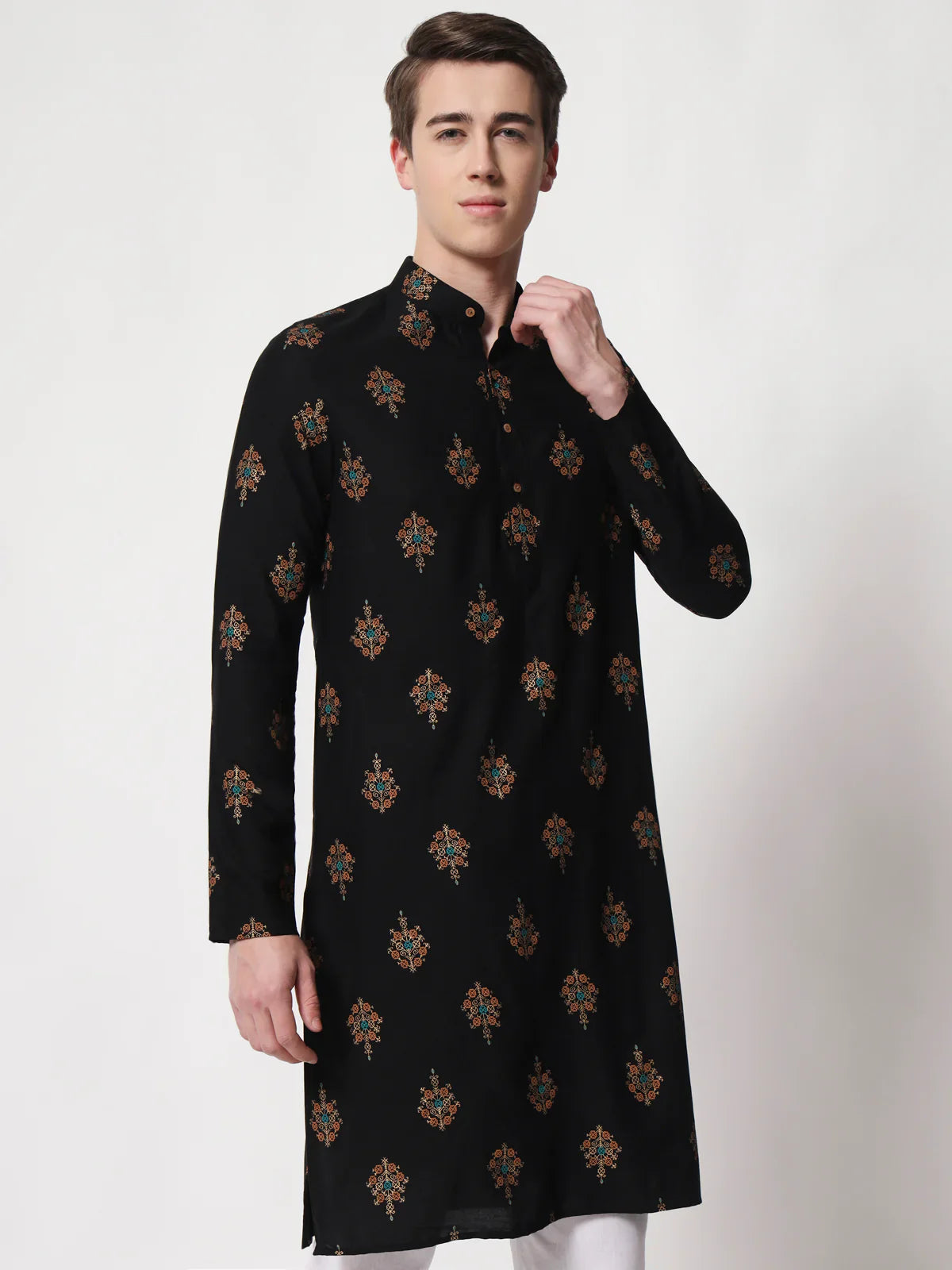 Black Printed Wedding Wear Men's Kurta