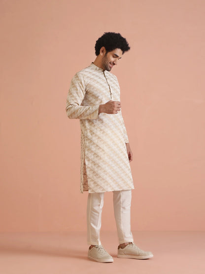 Men Cream Foil Print Kurta