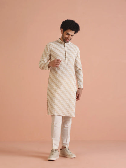 Men Cream Foil Print Kurta