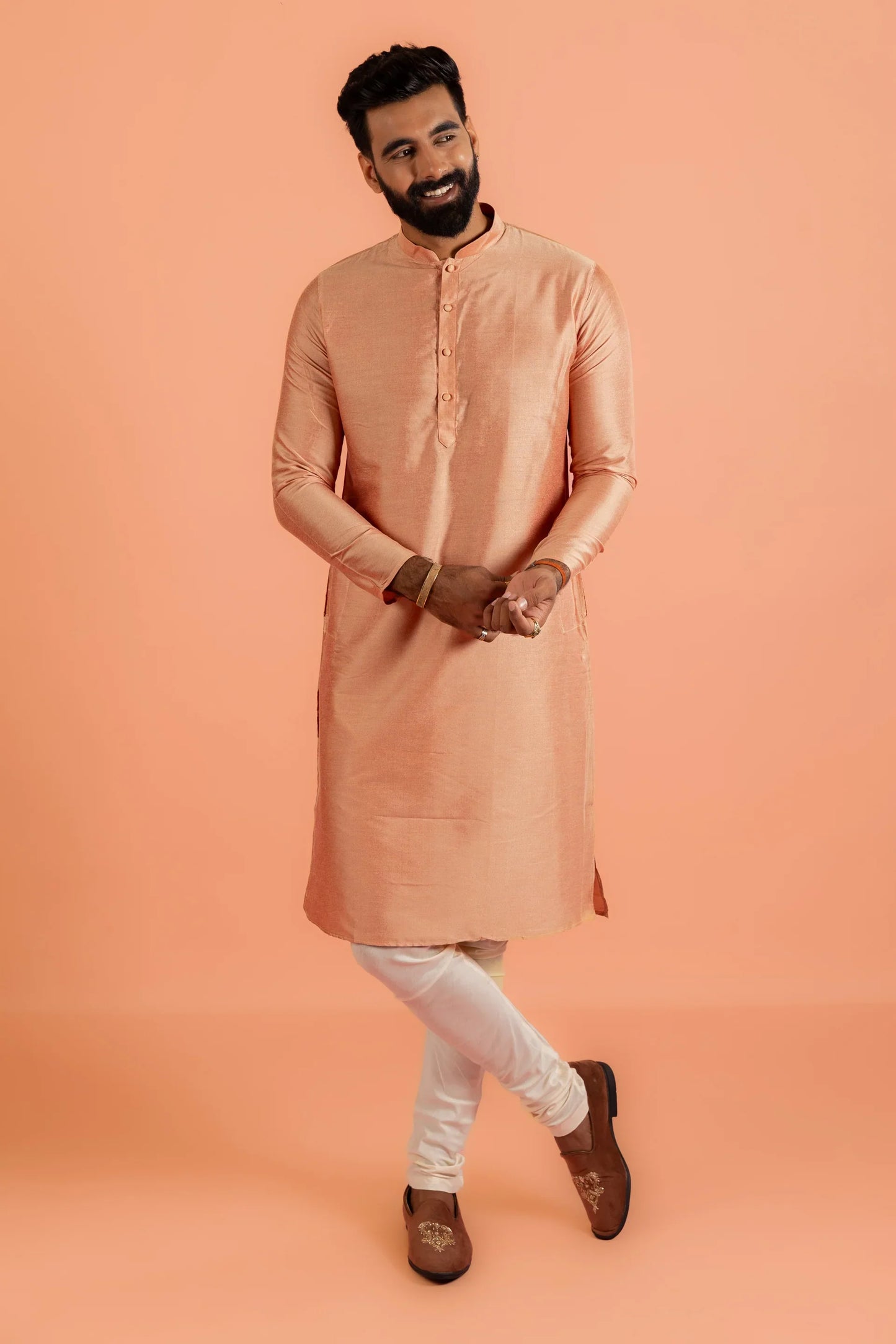 Men Coral Plain Kurta