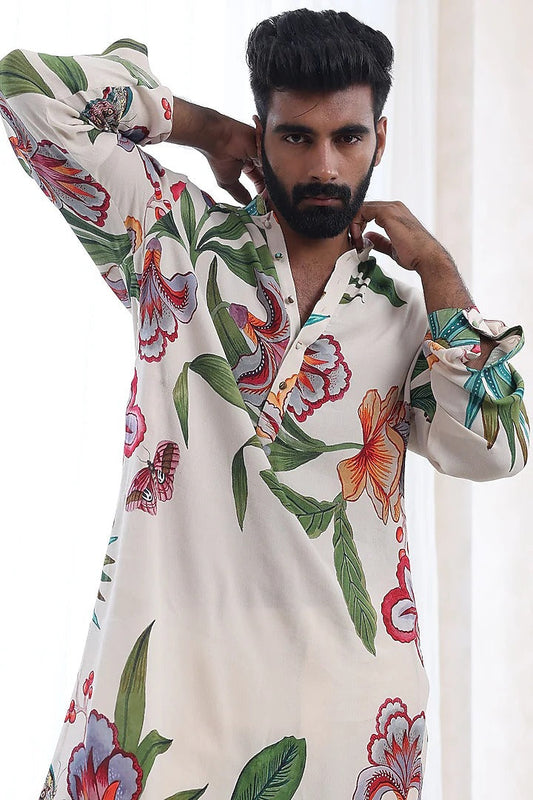 Flower Printed Party Wear Kurta For Men's