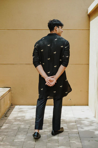 Black Dragonfly Embroidery Worked Wedding Kurta