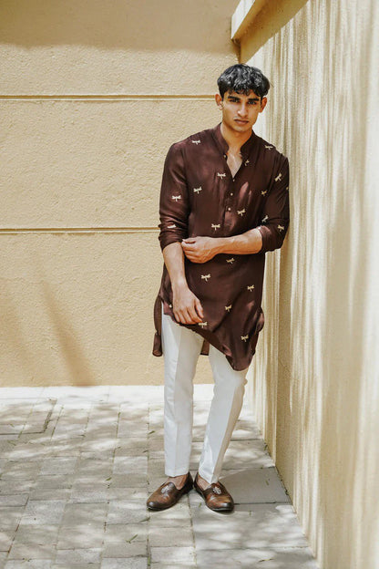 Brown Dragonfly Embroidery Work Wedding Kurta