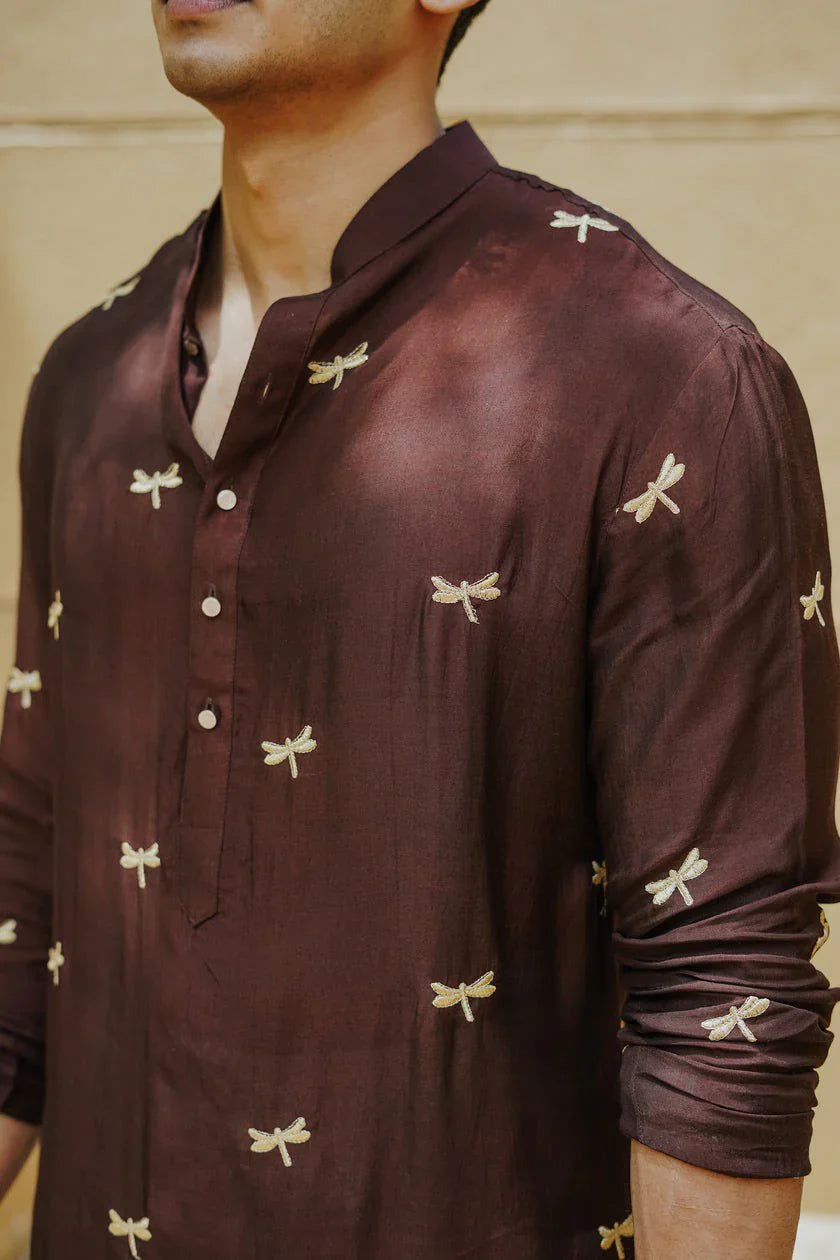 Brown Dragonfly Embroidery Work Wedding Kurta