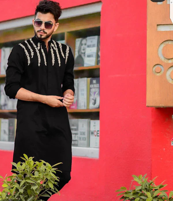 Black Daman Leaf Embroidery Black Party Wear Kurta